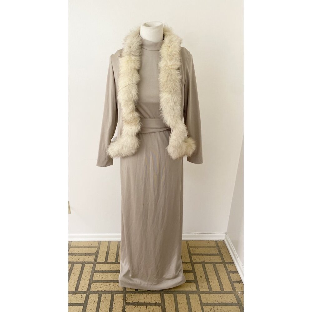 Vintage Victor Costa Long Dress & Fur Trim Jacket Beige 70s